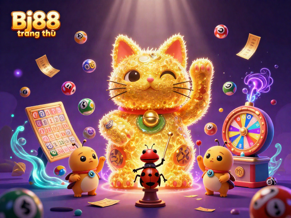 Win big with Bj88 trang chủ featuring a colorful lucky cat and vibrant casino symbols.