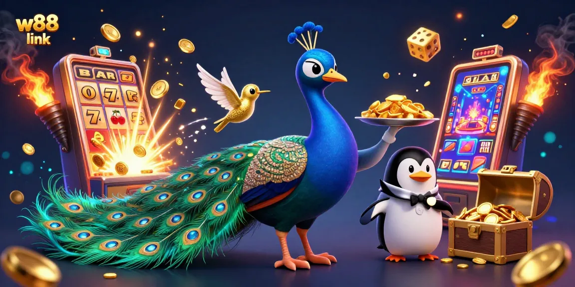 Bettors enjoy the vibrant w88 link scene with a playful peacock, golden chips, and dynamic casino elements.