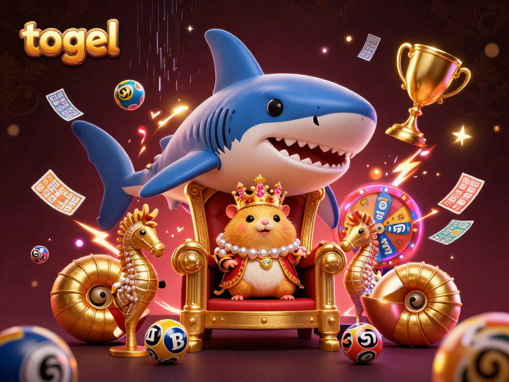 Experience togel excitement with golden hamster king on megalodon throne surrounded by lottery elements.