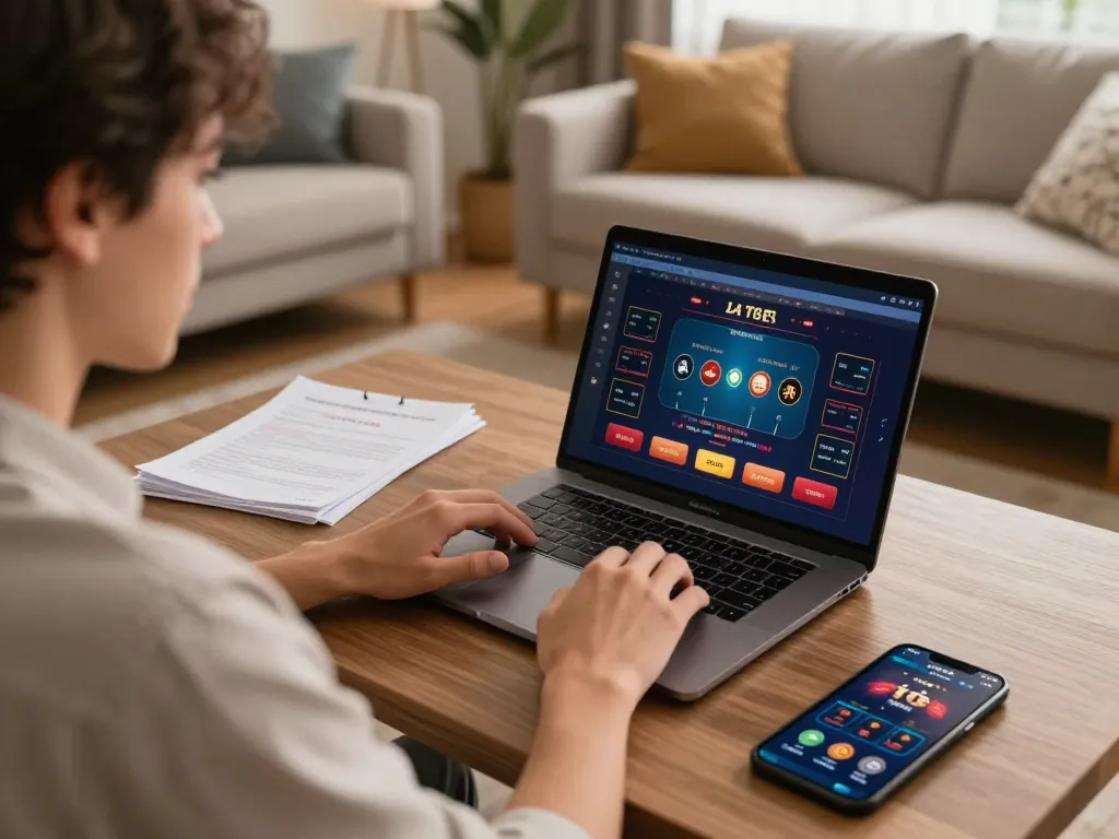 open888 player engaged in online gambling from home using a laptop and tablet for casino games