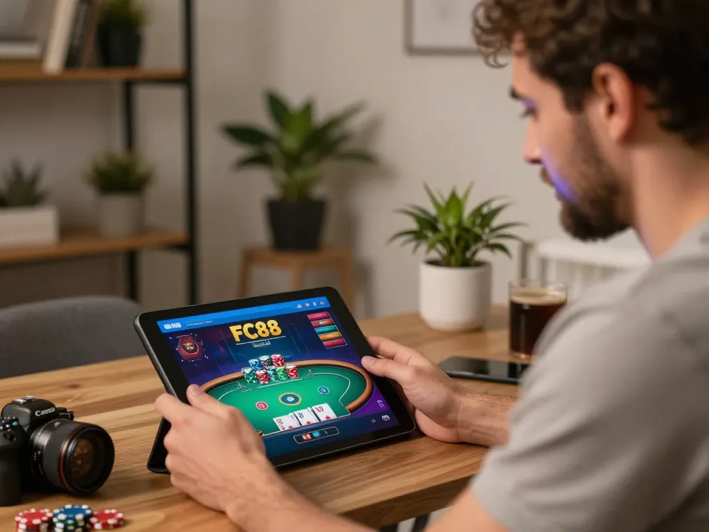Engaging online gambling scene featuring mobile gaming at home on fc88bet.uk.com