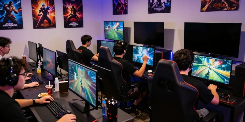 Gaming enthusiasts engaging in vibrant loket88 sessions at a modern gaming lounge.