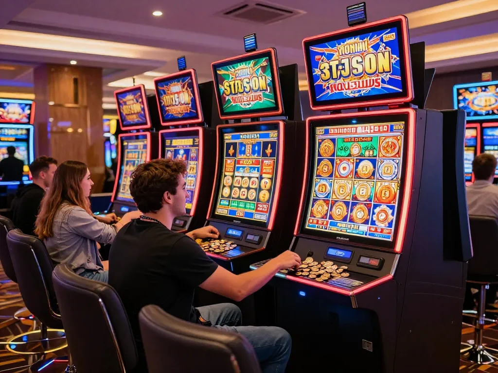 Moment menarik di mesin slot yang menyoroti slot gampang menang dengan pemain merayakan kemenangan dan lampu kasino yang cerah