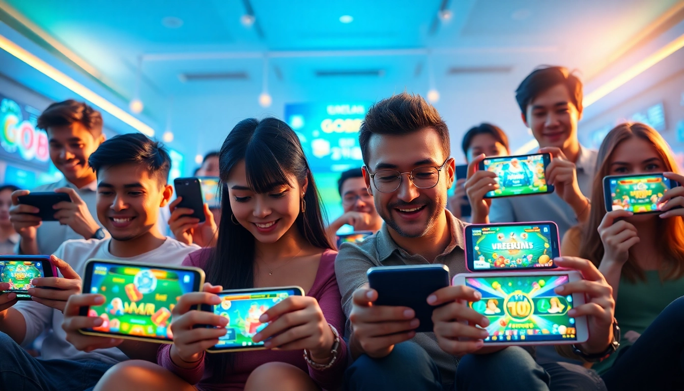 Tải GO88 interface displayed in a vibrant gaming environment with diverse players engaged in various games.