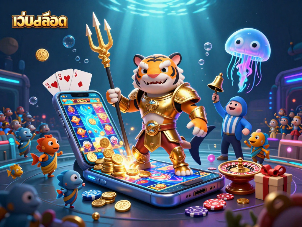 Spin and win with เว็บสล็อต in this vibrant underwater casino scene featuring a lively shark gladiator.