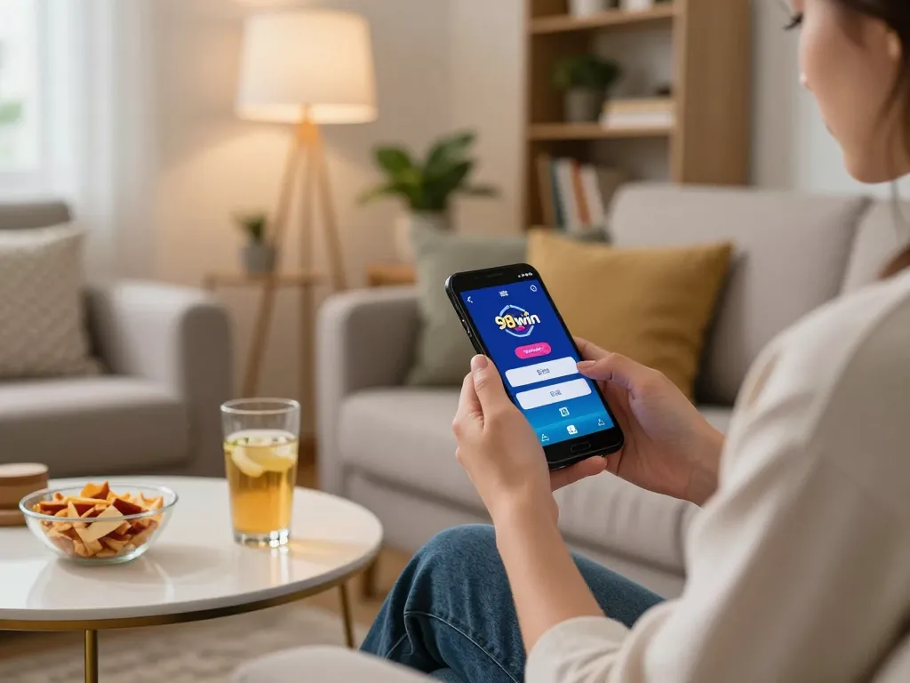 Engaging with the 98win com app on smartphone while enjoying mobile gaming at home.