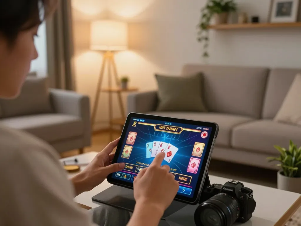 Engaged player enjoying oxbet online casino games on a tablet in a cozy living room.