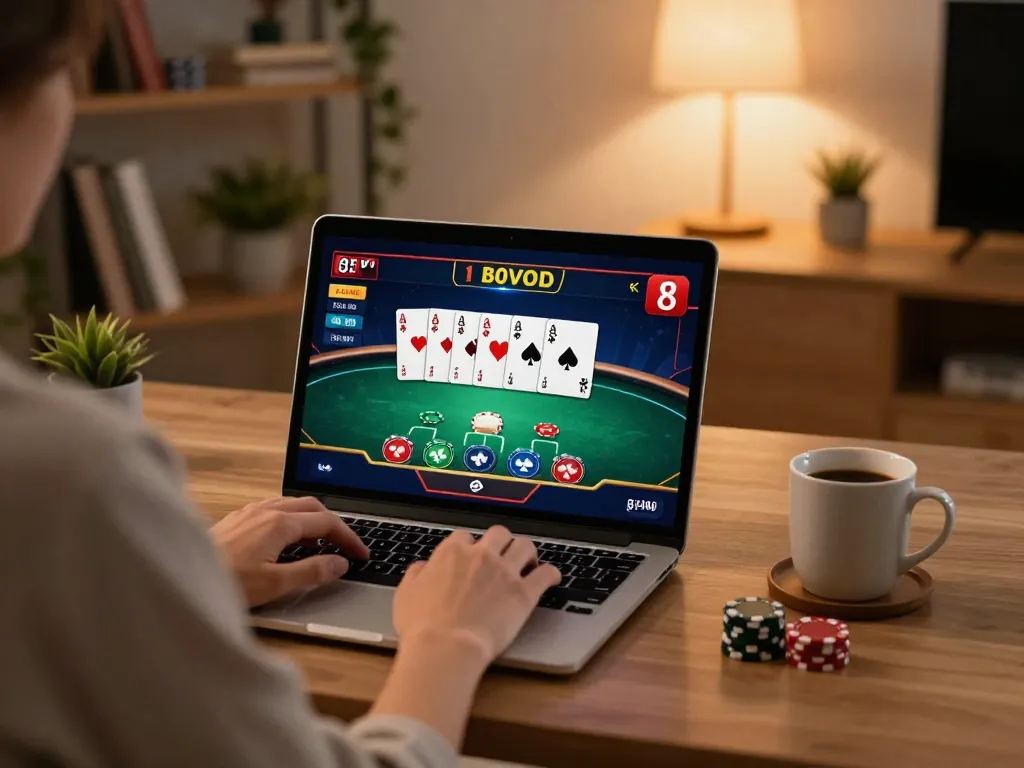Person enjoying poker online at home with a laptop, experiencing XX88 TODAY's gaming features.