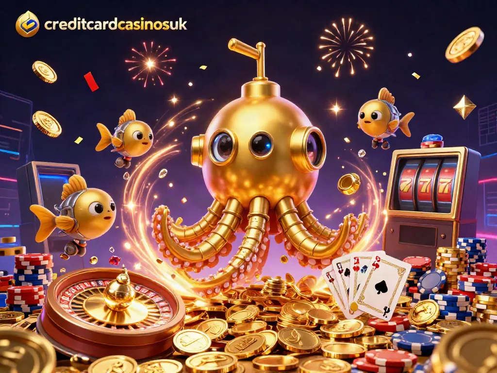 Experience thrilling wins at creditcardcasinosuk with golden kraken submarine, games, and confetti.