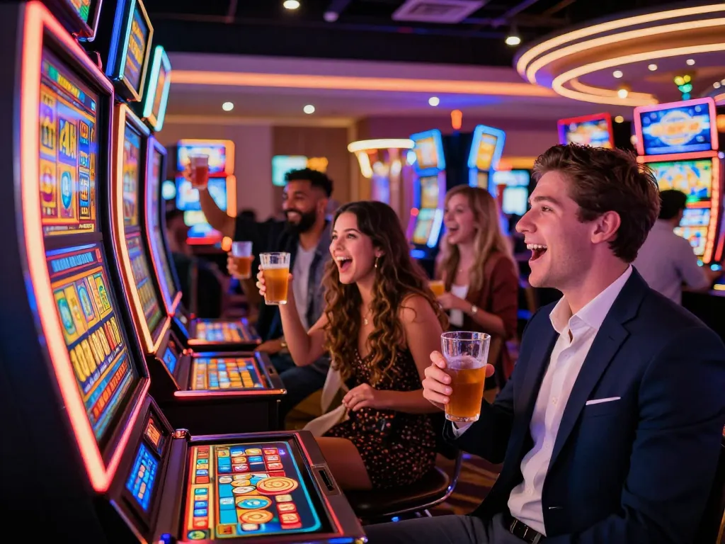 Sahabat yang bersemangat merayakan kemenangan besar di mesin slot link di kasino Las Vegas yang penuh warna.