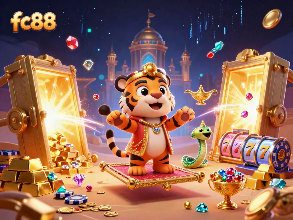 Spin to win with fc88 in a vibrant 3D casino scene filled with treasures and slot elements.