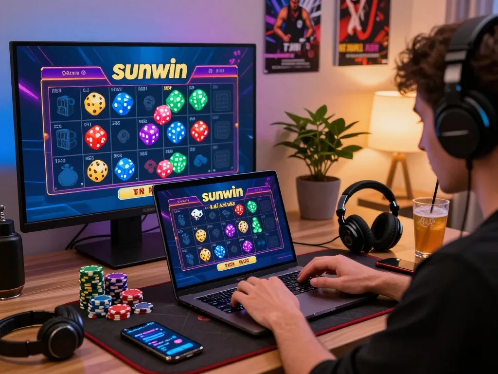 Enthusiastic player engaged with sunwin tài xỉu online gaming experience at home.