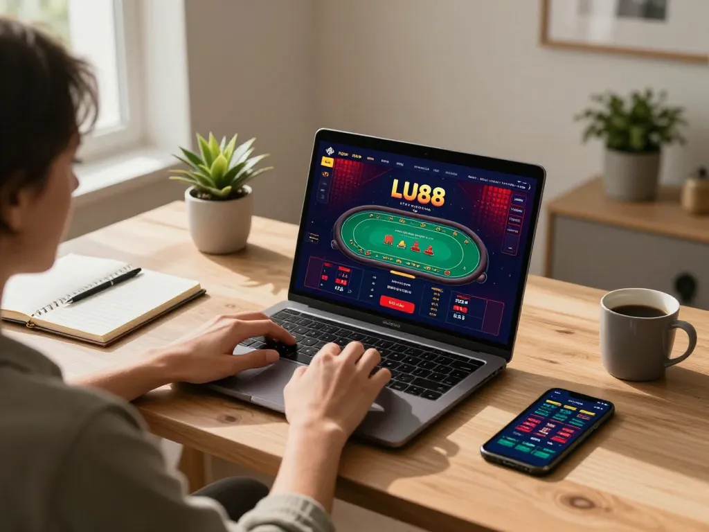 Player engaging in dynamic online gaming at LU88, showcasing live dealer games on modern laptop.