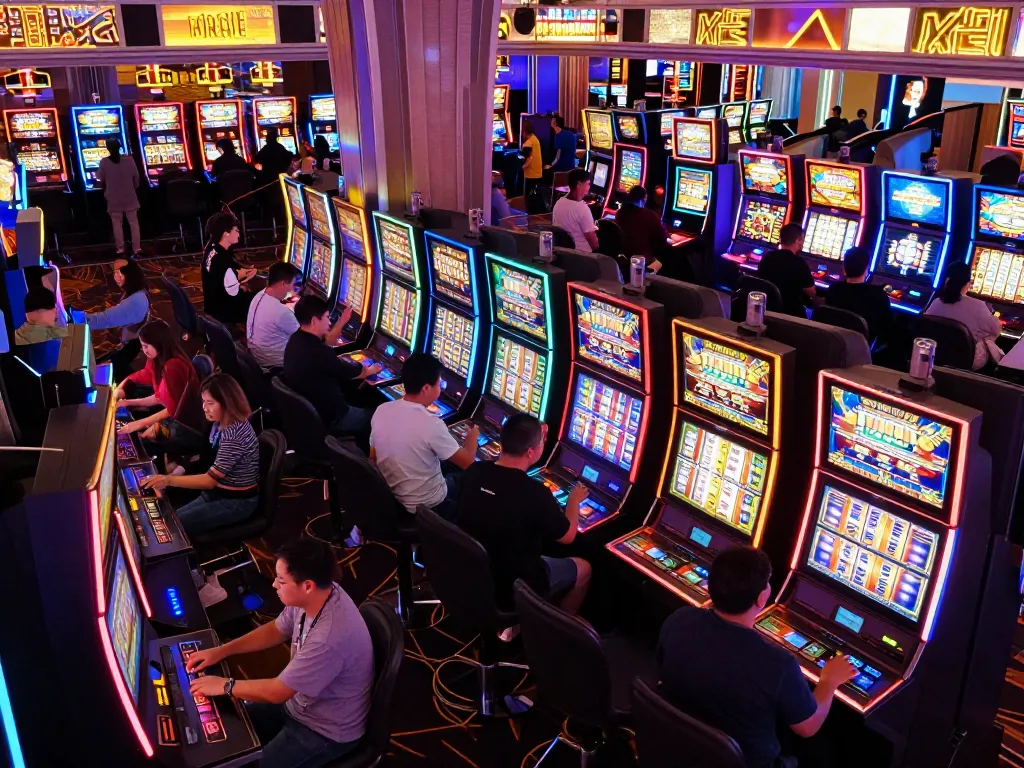 Players enjoying slot gacor machines with vibrant lights and engaging gameplay at a busy casino.