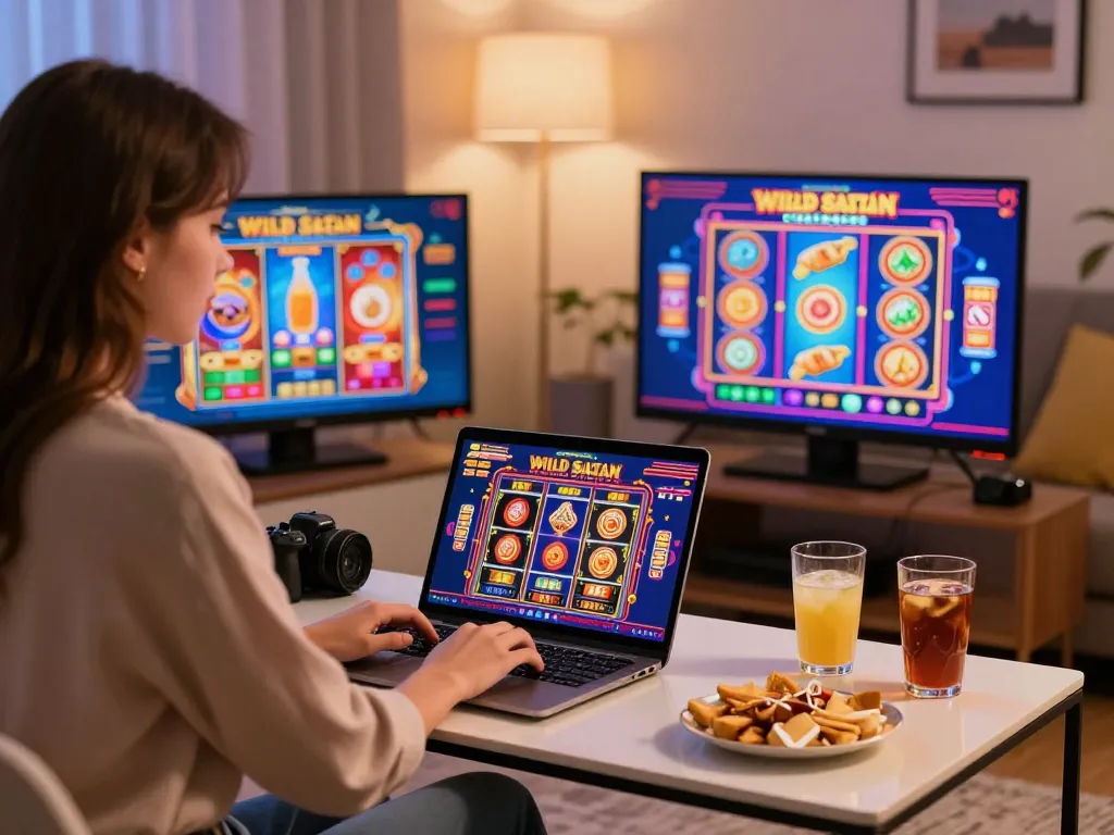 Engaging scene of a player enjoying Wild Sultan Casino France from home with colorful games and snacks.