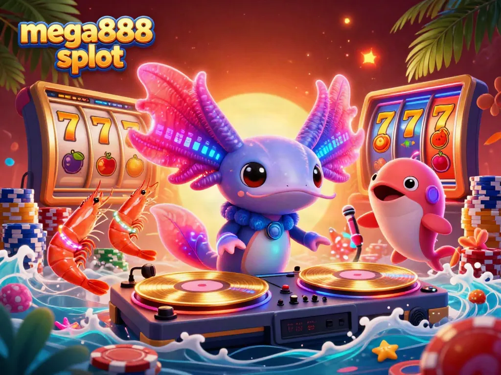 Experience the vibrant energy of mega888 slot with neon characters and dazzling casino elements.