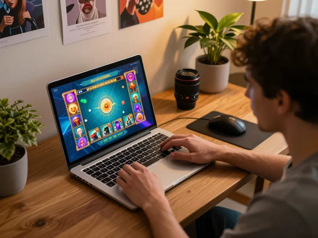 Engage in situs slot gaming on a laptop in a cozy home setup with colorful game interface.