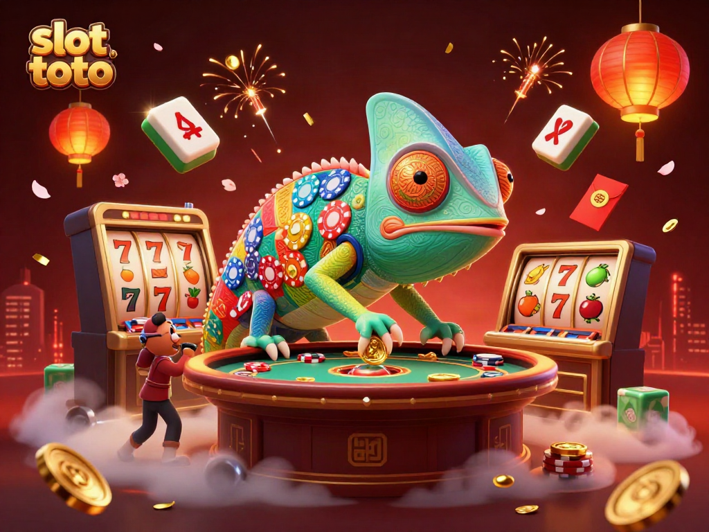 Experience thrilling slot toto gameplay with colorful chameleon casino owner and vibrant symbols.