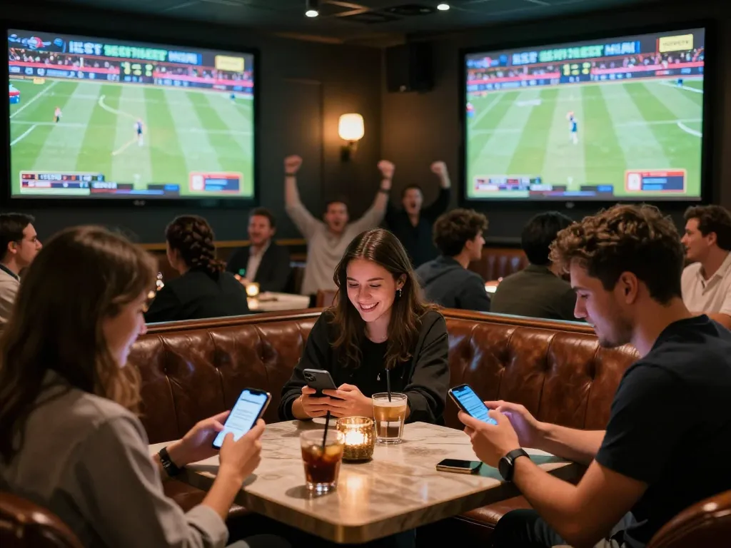 Engaged group of bettors analyzing odds on taixiusunwin.art in a vibrant sports lounge.