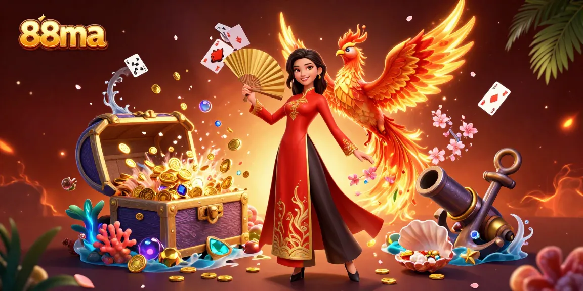 Experience thrilling casino excitement with 88ma, featuring dynamic gaming illustrations and vibrant elements.