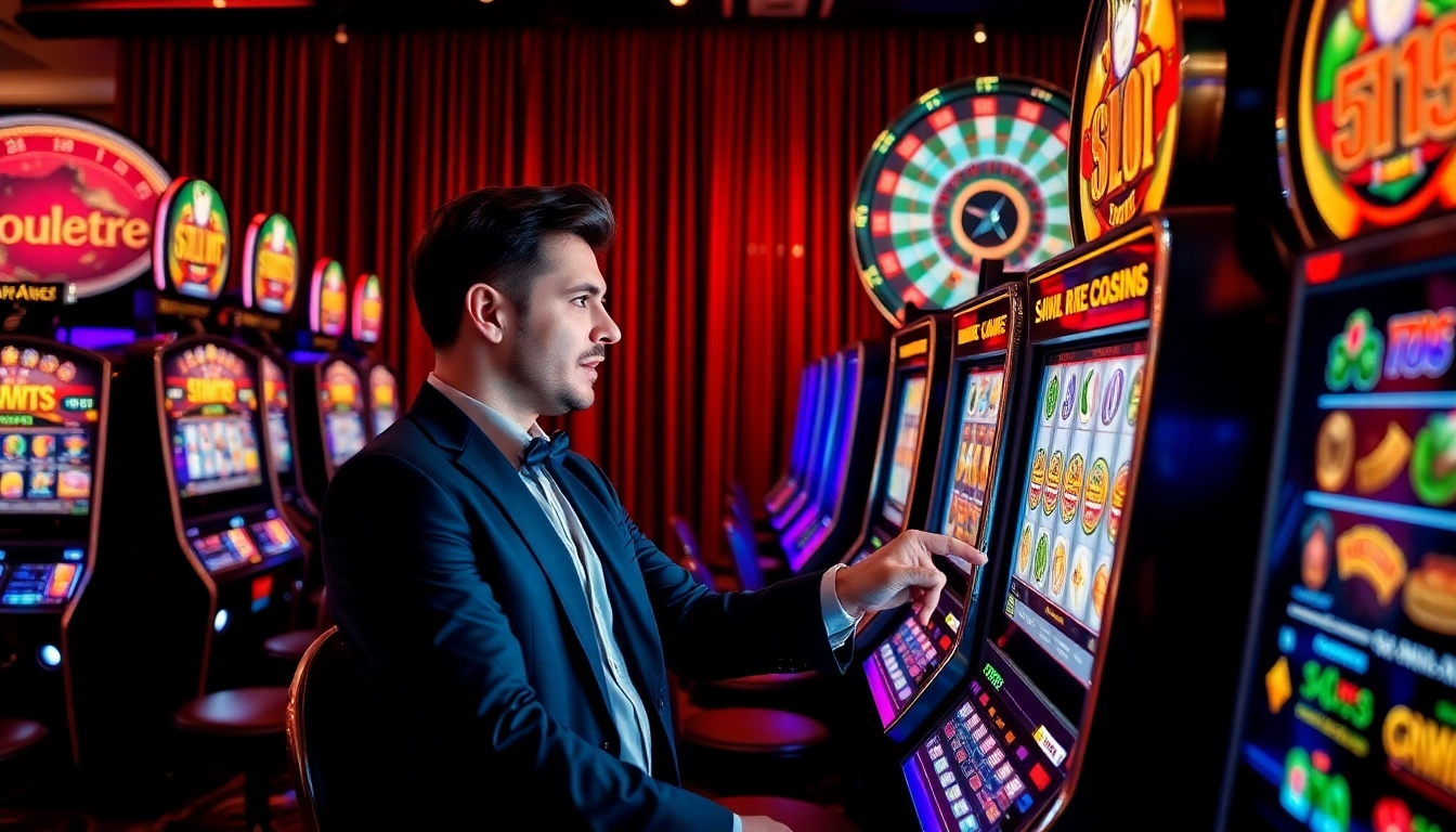 Intense player engaging with slot88 machine in a luxurious casino setting