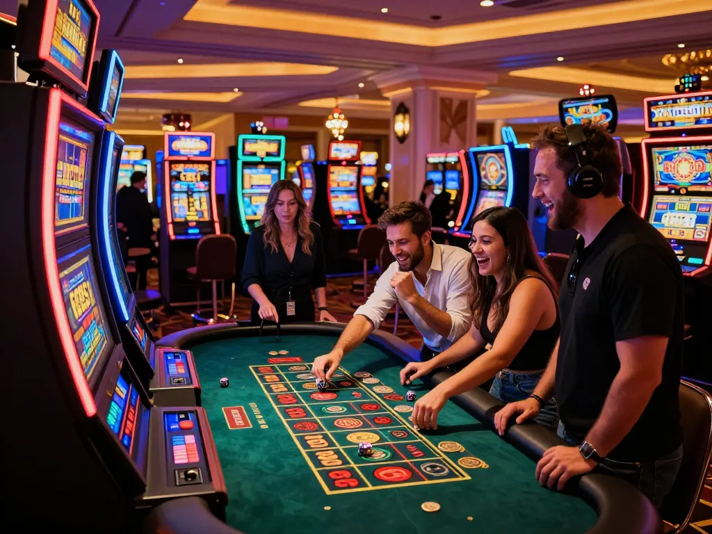 Players celebrating wins at ymm88.cyou casino's vibrant slot machine area, showcasing excitement and lively atmosphere.