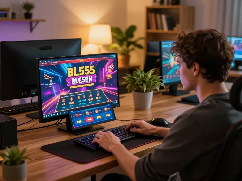 Player enjoying BL555 online gaming experience on a laptop with vibrant graphics.