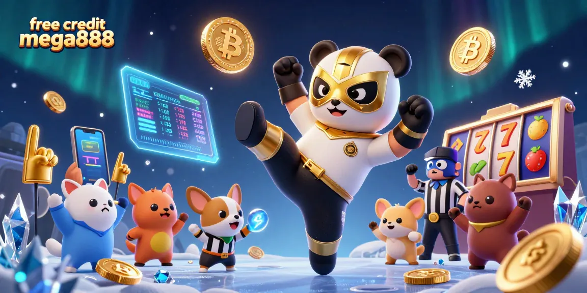 Experience free credit mega888 with a dynamic 3D panda wrestler, crypto coins, and casino excitement.