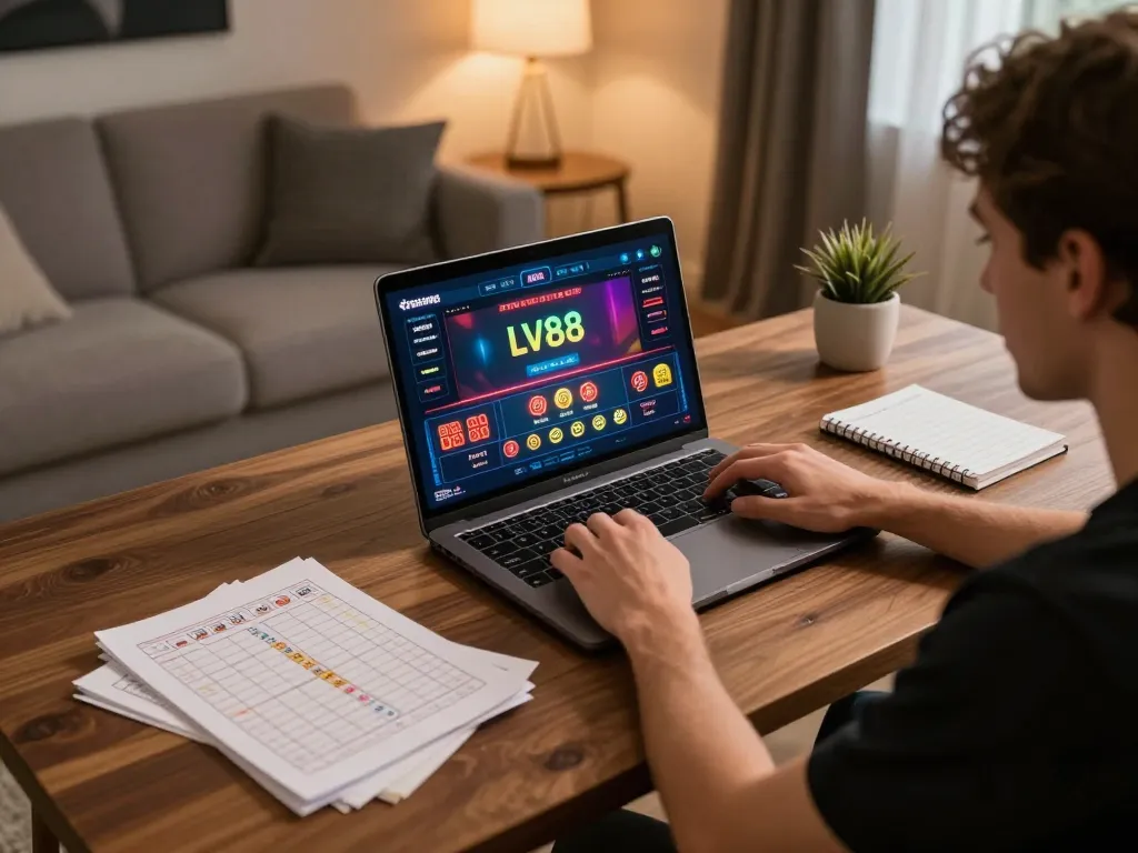 Player strategizing on LV88SEO online gambling site at home with casino materials present.