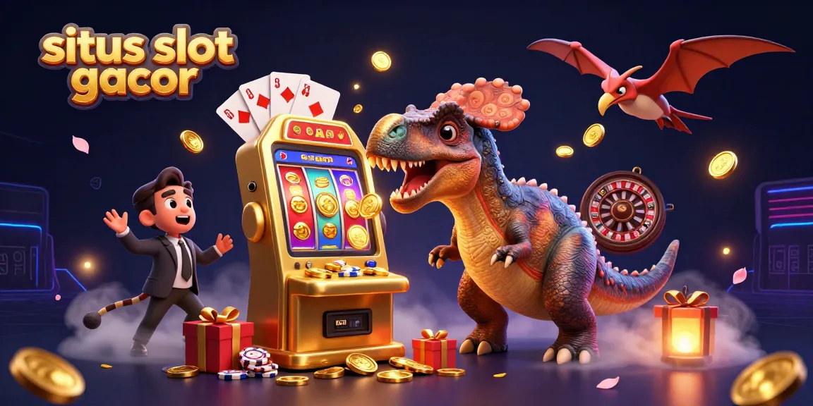 Melihat situs slot gacor dengan dinosaurus yang memukul mesin slot emas dan koin berjatuhan.