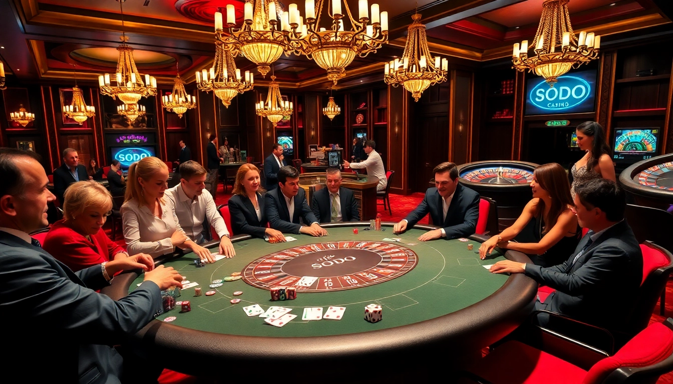 Players enjoy intense poker action at SODO Casino, amid vibrant ambiance and luxury decor.