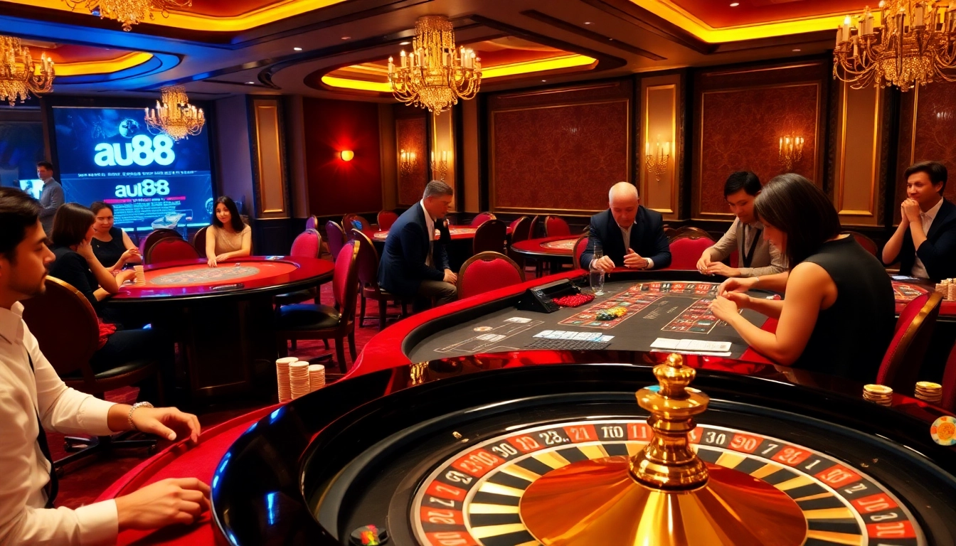 Exciting gaming action at AU88 casino with poker chips, dealer, and roulette wheel.