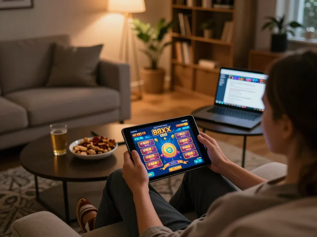 Player enjoying 88xx casino games on a tablet in a cozy home setting with snacks.