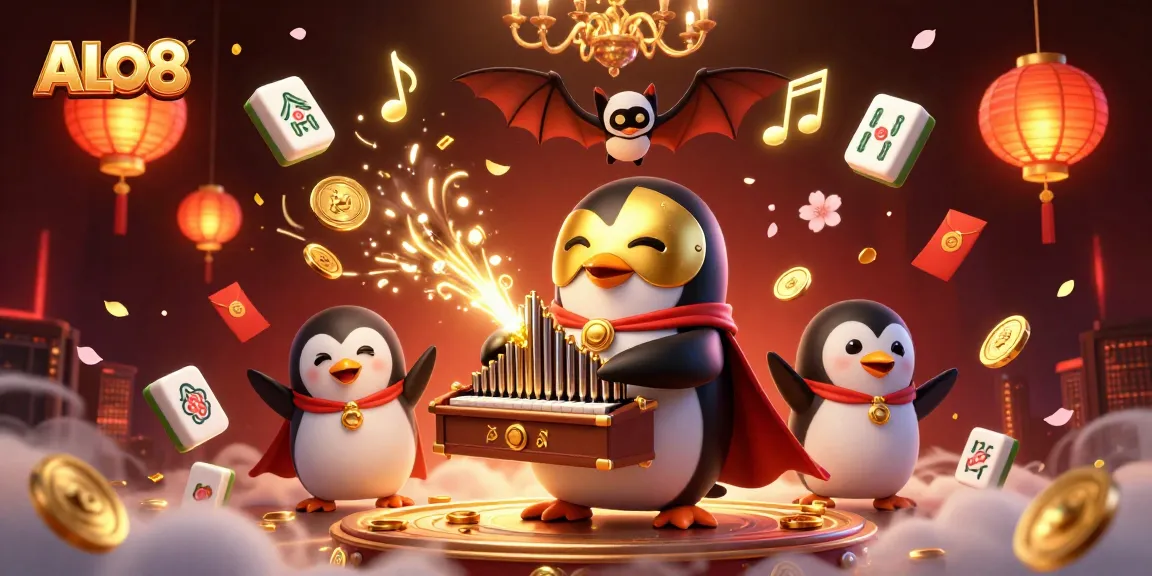 Join the adventure at ALO8 with a whimsical penguin playing an organ, shooting golden coins!