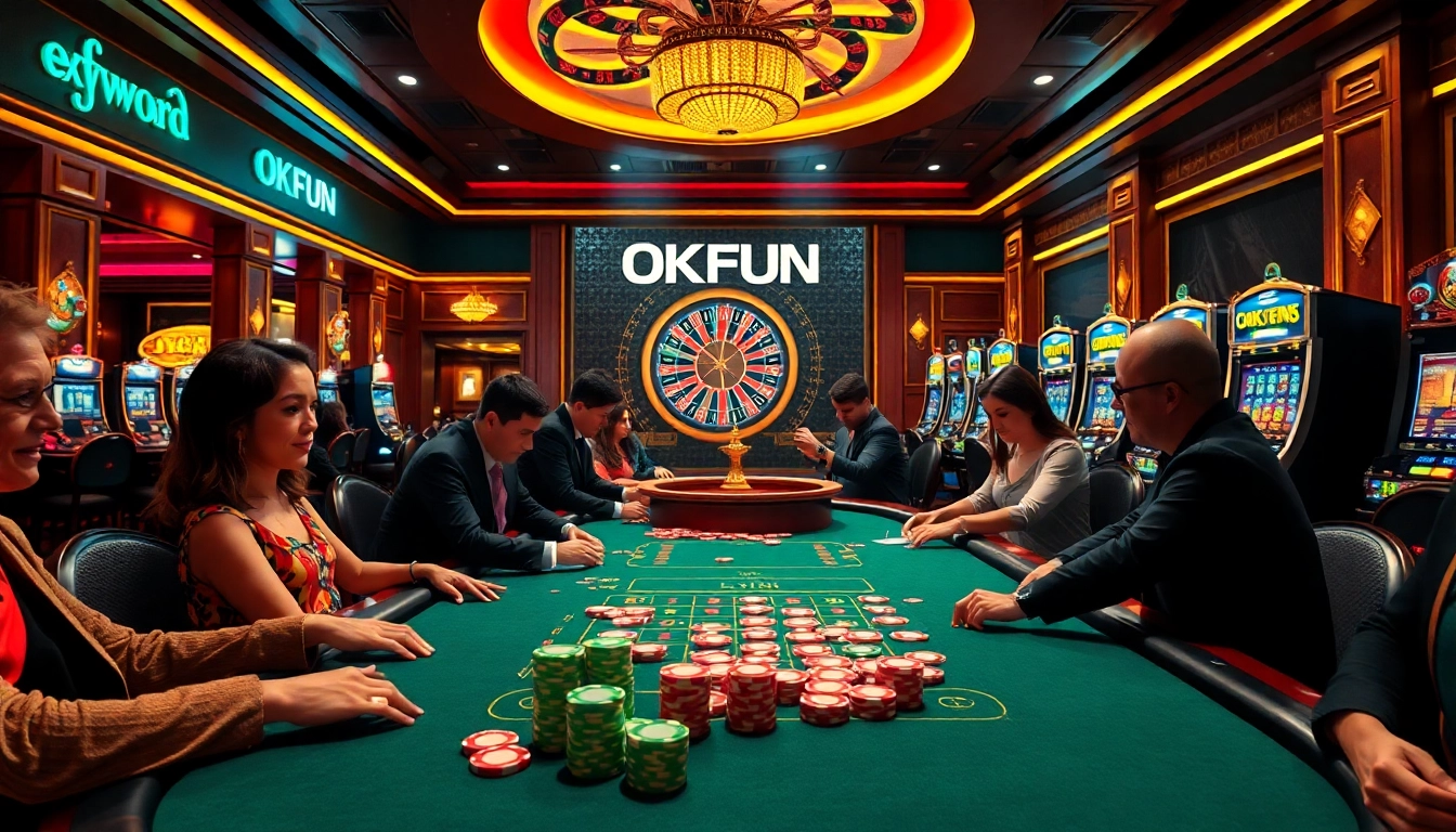 Players enjoying poker at OKFUN casino, surrounded by vibrant colors and exciting gaming elements.