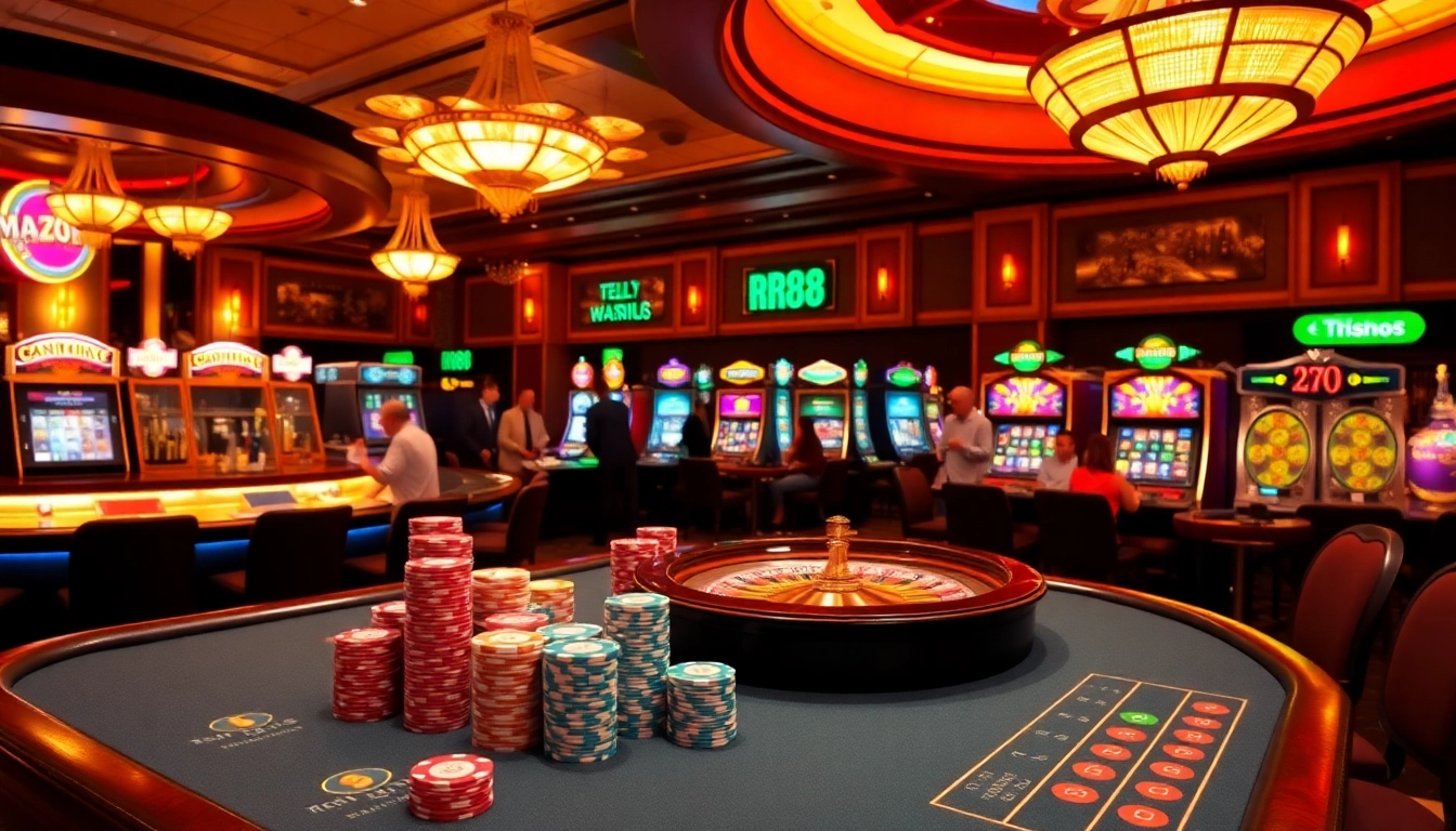 Engaging scene at RR88 casino featuring vibrant tables, colorful chips, and immersive gaming atmosphere.
