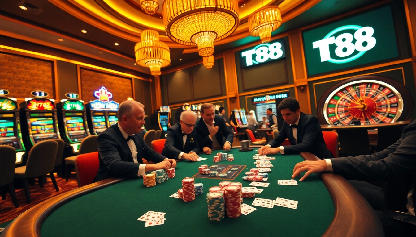 Players enjoying high-stakes poker at TT88 casino with vibrant slot machines and roulette wheel.