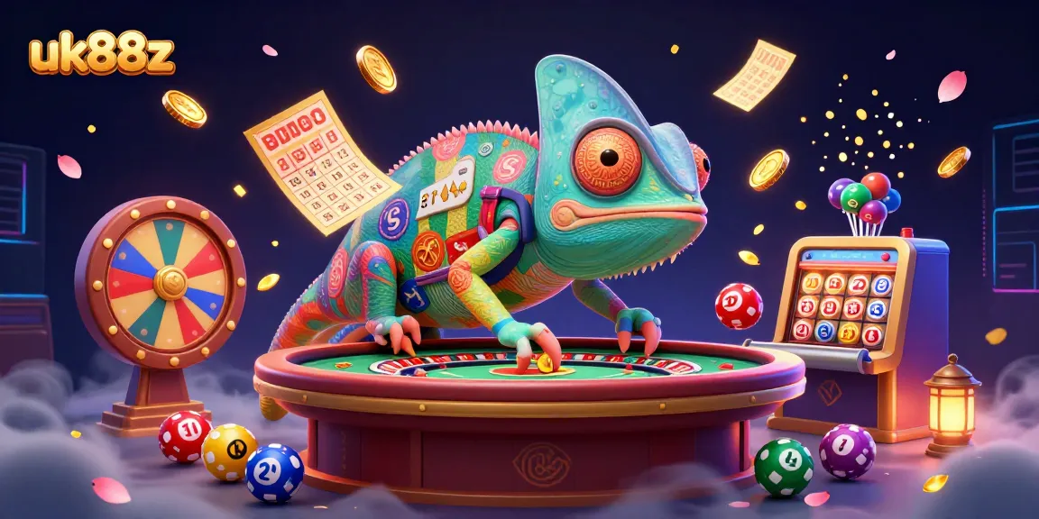 Experience the vibrant excitement of uk88z casino with a colorful chameleon and dynamic lottery elements.