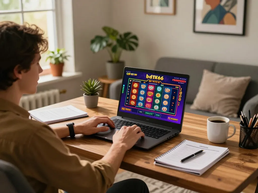 Engaging in bdtk66 online casino on laptop at stylish home office with colorful game interface.