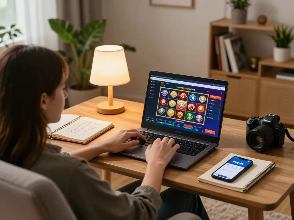 Kuwin user engaging with online gambling strategy on laptop in cozy home setting.