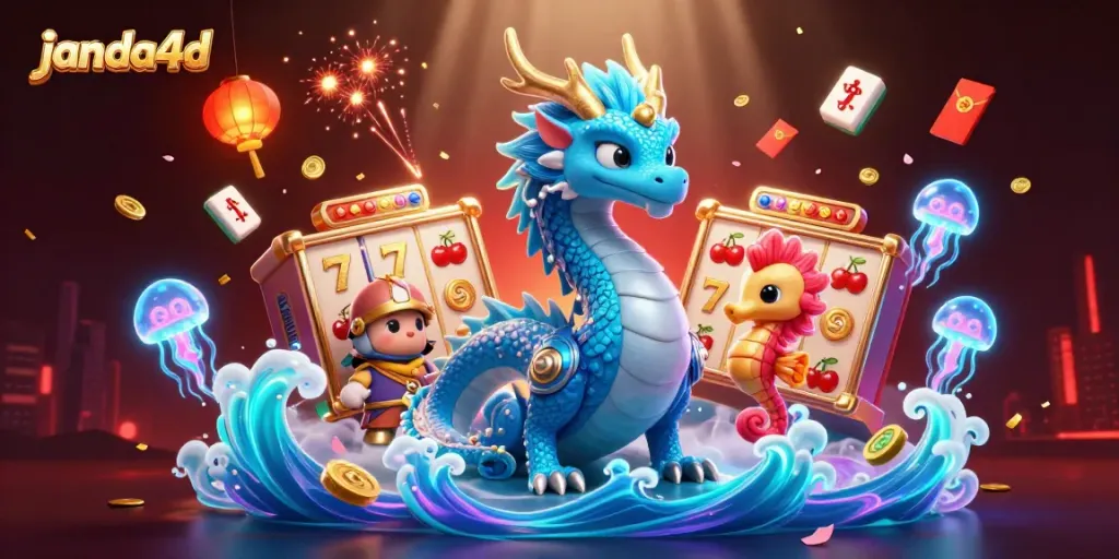 Ilustrasi kasino 3D janda4d dengan naga air dan kuda laut di latar belakang permainan slot.
