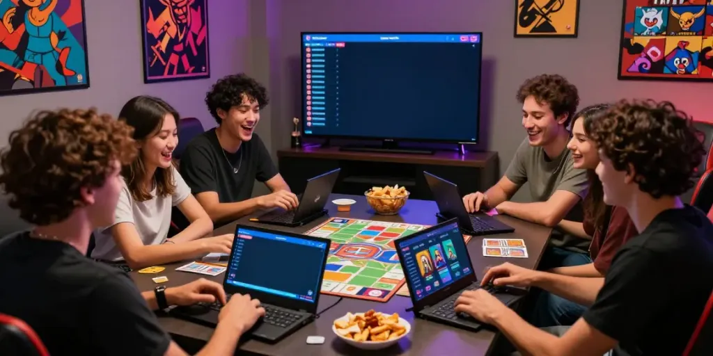 Engaged friends playing Rumble Rummy on smartphones in a lively gaming lounge.
