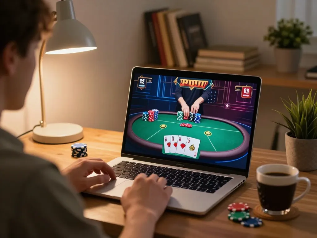 hi88 đăng nhập on online poker gameplay with cozy home setting and strategic focus