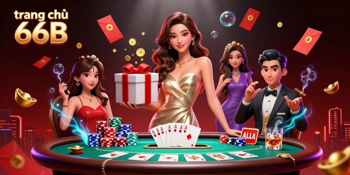 Experience the festivities of trang chủ 66B with an elegant woman, golden coins, and vibrant casino elements.