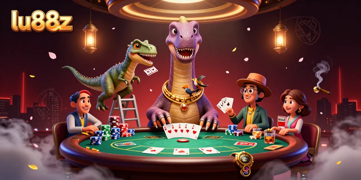 Experience thrilling poker action with lu88z as a dinosaur dealer reigns over a bustling casino scene.