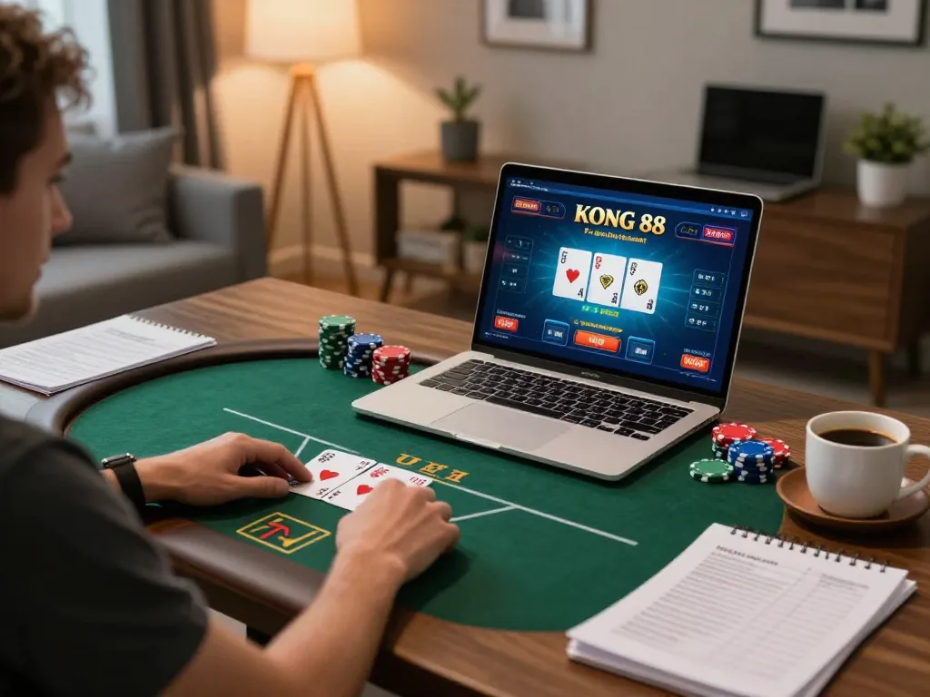 KONG 88 poker game action on a laptop in a cozy home office setting