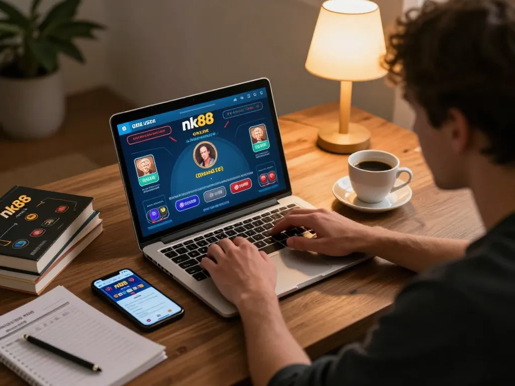 Engaged player strategizing on nk88 poker game via laptop in cozy home setting