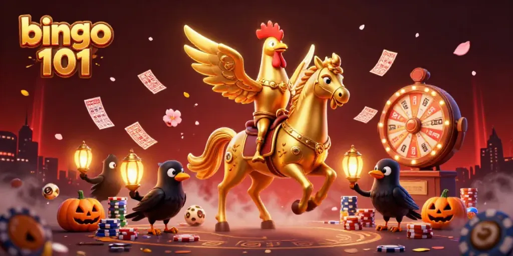 Experience bingo 101's thrilling gameplay with a golden rooster mascot and festive bingo elements.