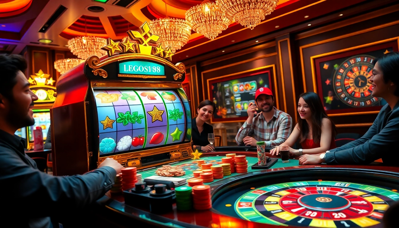 Image of a vibrant casino scene showcasing the excitement of lego138 daftar with spinning slot machines and winning players.