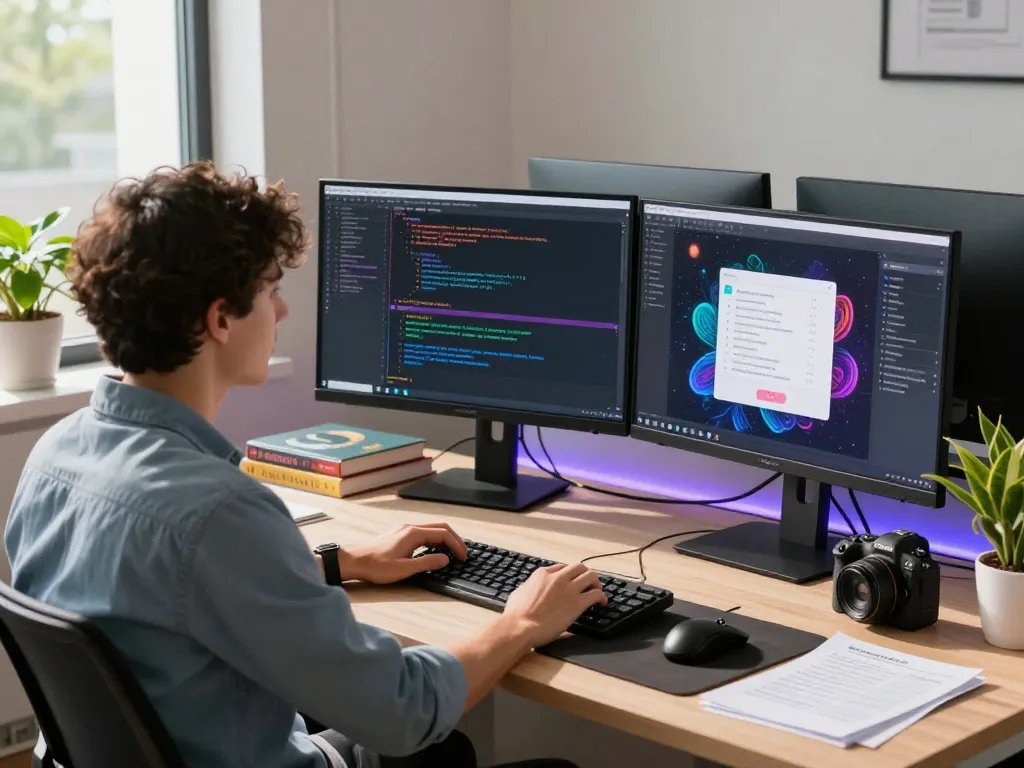 Creative workspace with juicy ai software engineer coding on dual monitors, showcasing AI chat interface and programming.